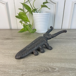May include: A dark, cast-iron bottle opener shaped like a beetle. The opener features a textured body, curved antennae, and four legs. A decorative and functional kitchen tool.