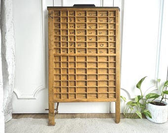 Antique Printer's Tray, Unusual Wooden Typeset Drawer with Metal Handle, Knickknack Display Shelf for Small Collectables, 28-5/8" x 17-1/4"