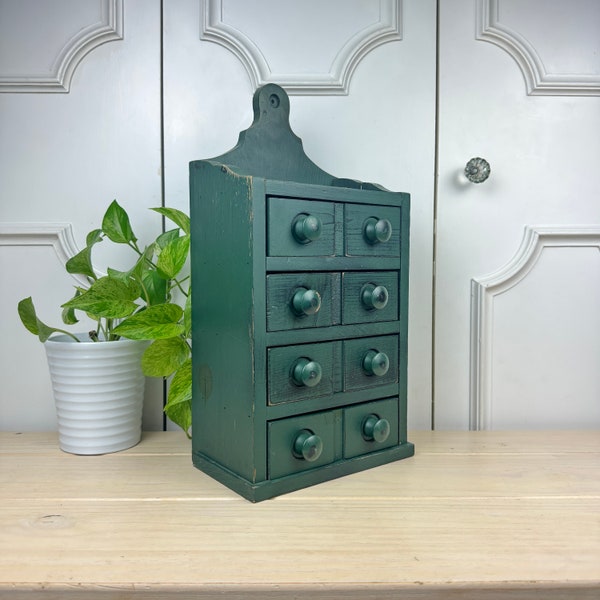 Primitive Wooden Spice Cabinet with 4 Double Sized Drawers, Green Painted Wall Decor