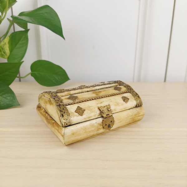 Vintage Bone Trinket Box with Brass Accents, Small Bone and Brass Jewelry Box with Black Liner