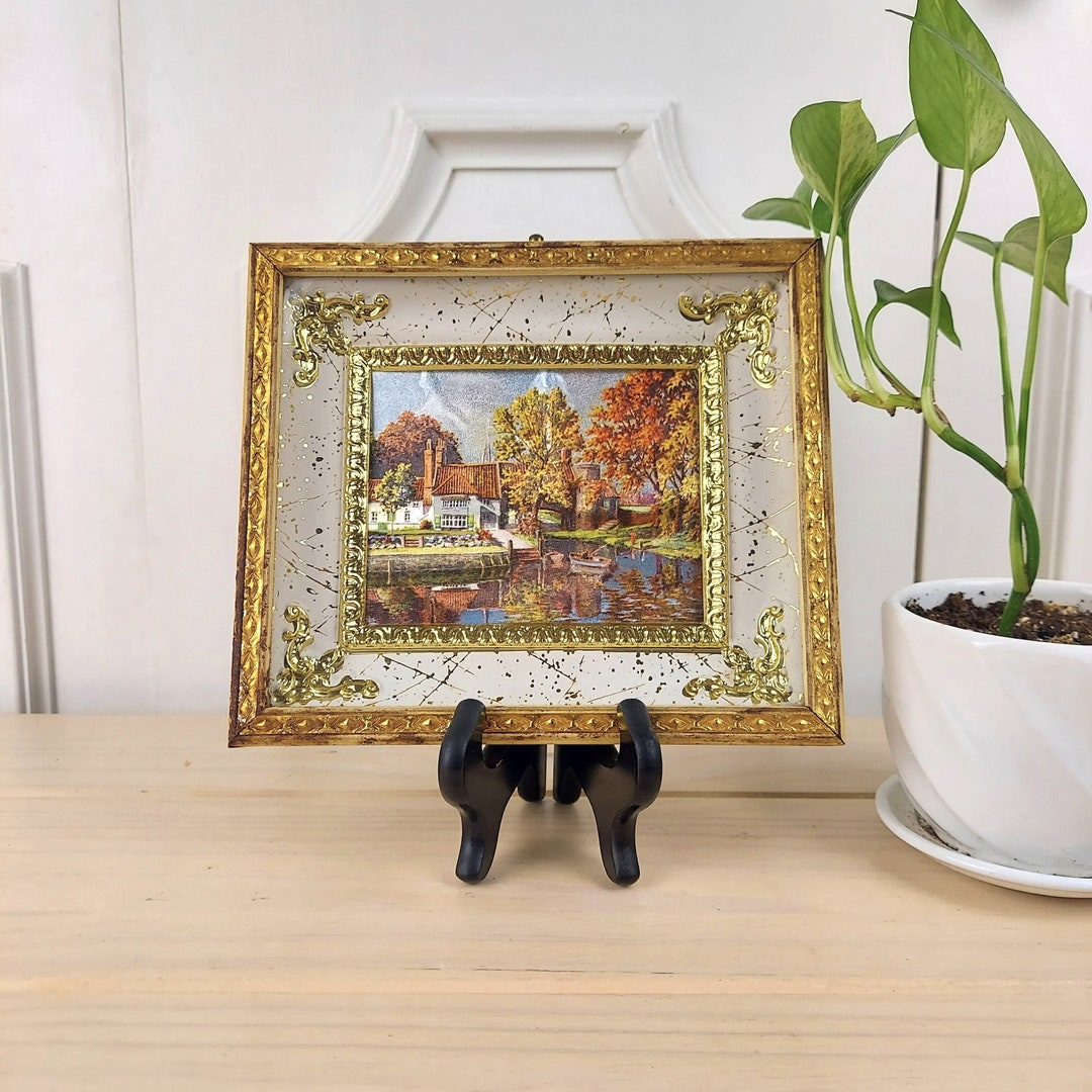 Vintage Wall Art With Gold Frame and Glass, Print of a Cottage With a