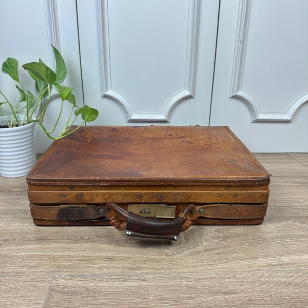 Vintage Leather Hartmann Briefcase with Combination Lock, Aged Leather Attache