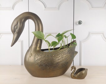 Set of 2 Vintage Brass Swan Planters, Large and Small Swan Planter, 15-1/4" & 2-3/4" tall