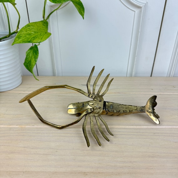 Vintage Brass Shrimp or Prawn Ready to Hang, Crustacean, Brass