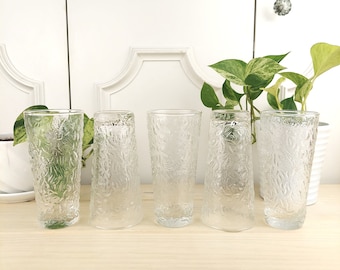 Set of 5 Vintage Anchor Hocking Clear Crinkle Glasses, Lido Milano Water Tumblers, Vintage Barware, 15 Ounce