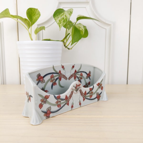 Vintage Neiman Marcus Porcelain Letter Organizer with Butterfly, Leaves and Heart Shaped Flowers, Vintage Desktop Organizer