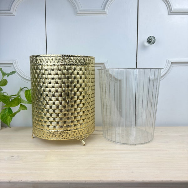 Hollywood Regency Filigree Waste Basket with Original Liner, Ornate Basket Weave Pattern