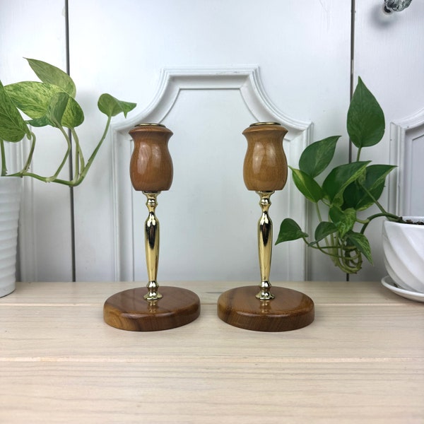 Set of 2 Myrtlewood and Brass Candlestick Holders, Myrtlewood Products Inc., Made in Grants Pass, Oregon