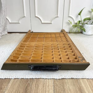 Antique Printer&#39;s Tray, Unusual Wooden Typeset Drawer with Metal Handle, Knickknack Display Shelf for Small Collectables, 28-5/8&quot; x 17-1/4&quot;