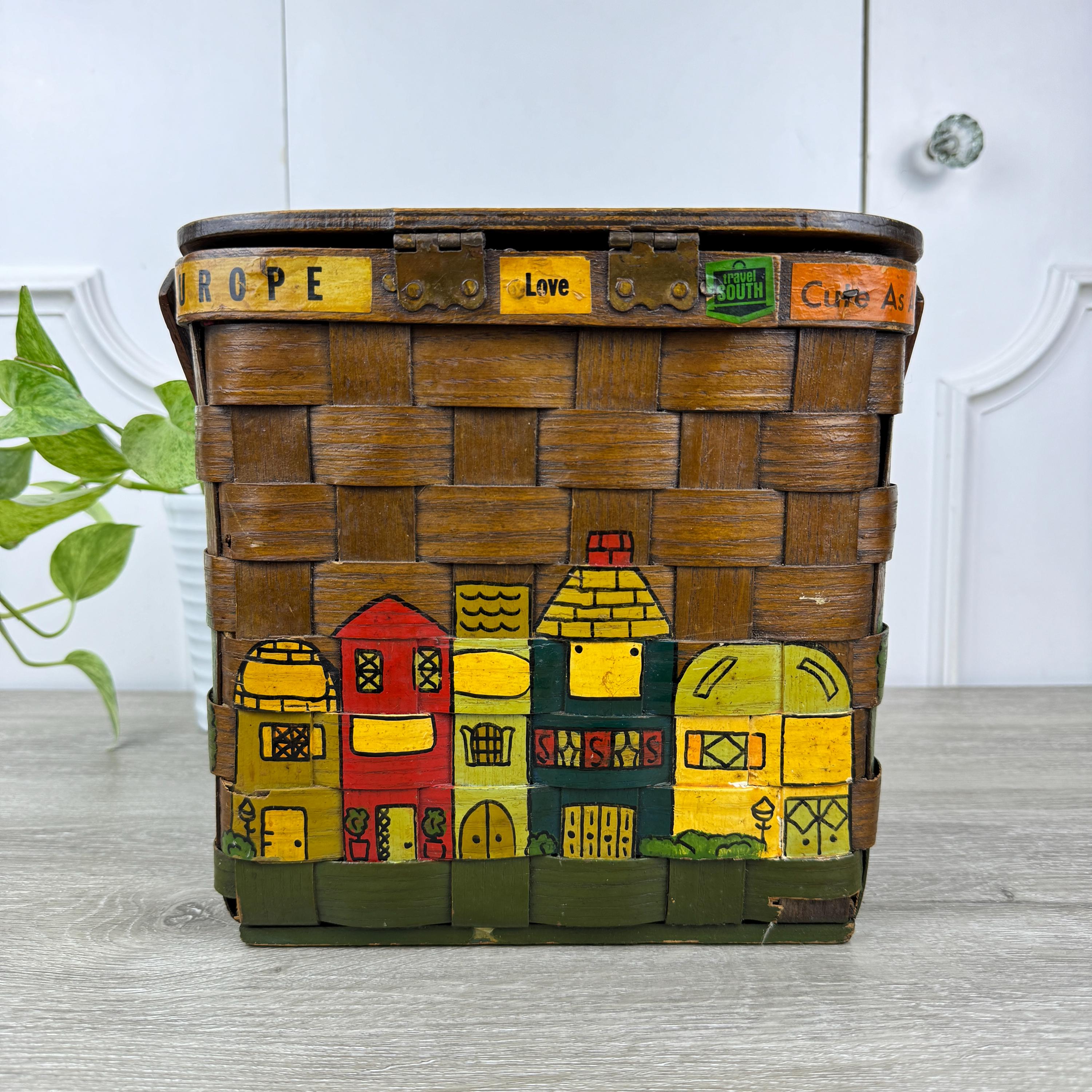 カロナンバスケット　ヴィンテージ Vintage Caro-nan Basket Purse With Handle, Signed Lidded Decoupage