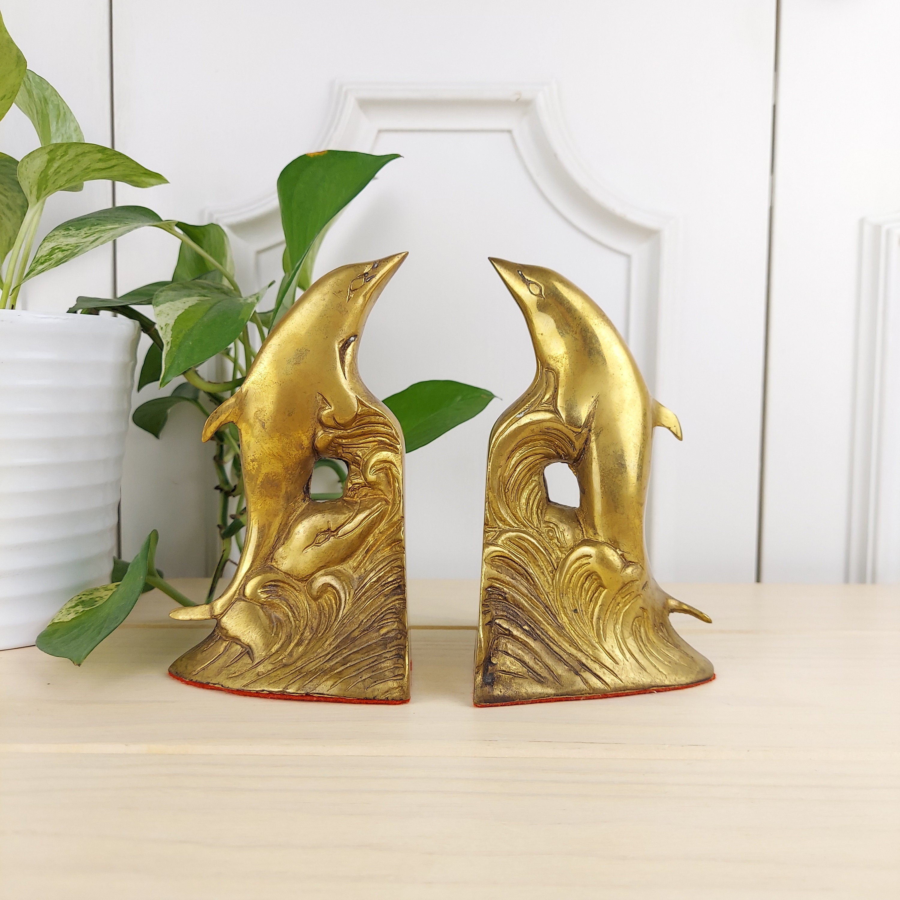 Set of 2 Vintage Solid Brass Dolphin Bookends, Solid Brass Bookends 