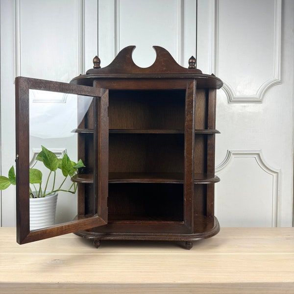 Large Curio Cabinet with Finials, Wooden Wall or Countertop Display Shelf with Cubbies for Collectables and Glass Doors, Knickknack Shelf