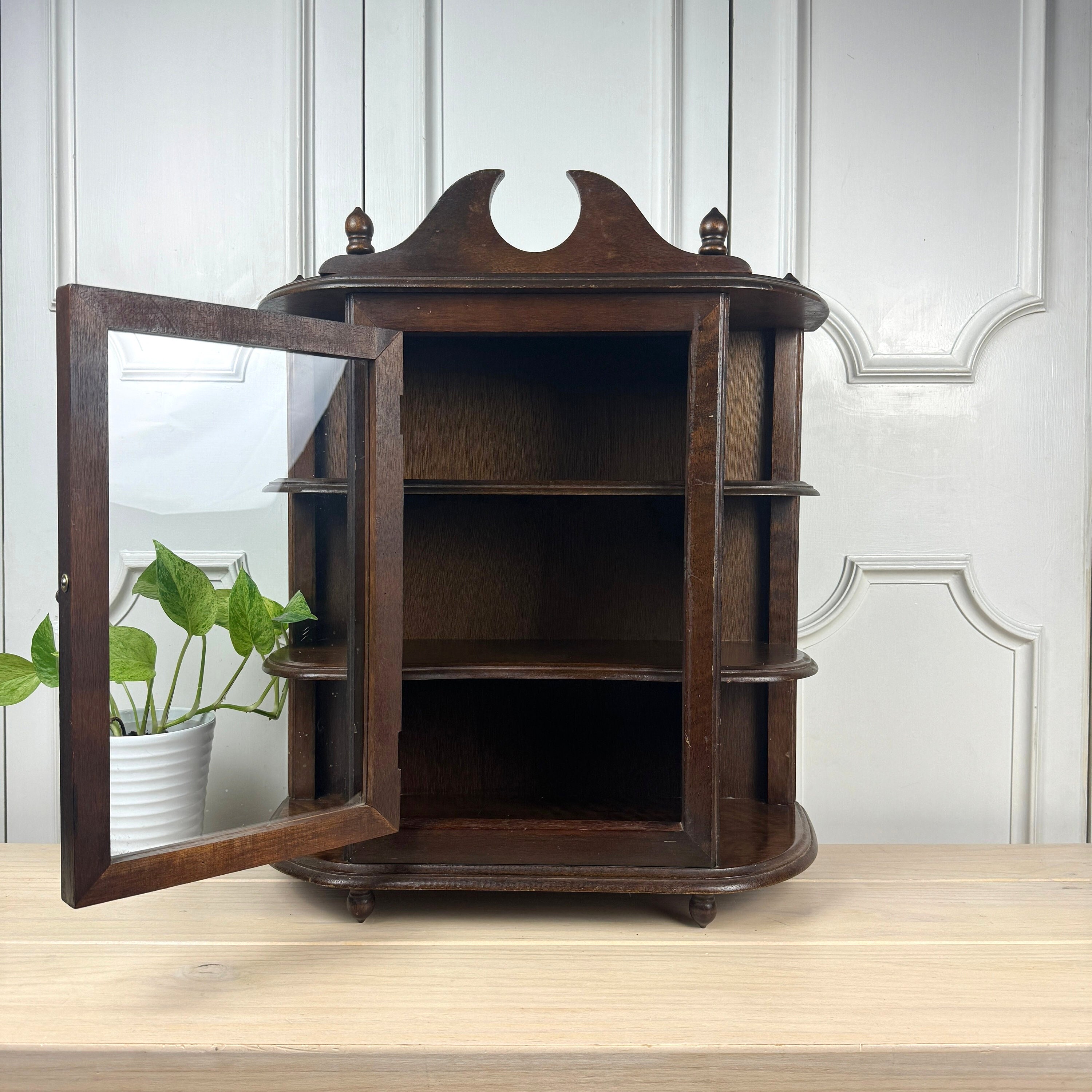 Large Curio Cabinet With Finials Wooden Wall or Countertop