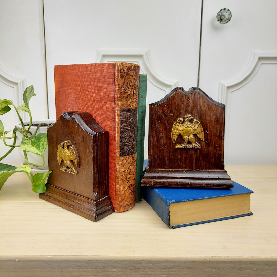 Set of 2 Vintage Wooden Bookends With Eagle Accents, , Pair of Wooden