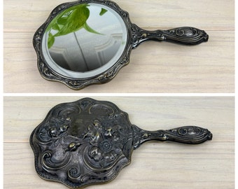 Vintage Silver Plated Handheld Beveled Mirror with Flowers and Leaves, Art Nouveau Hand Held Mirrors, Vanity Accents