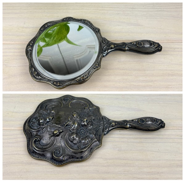 Vintage Silver Plate Handheld Beveled Mirror with Flowers and Leaves, Art Nouveau Hand Held Mirrors, Vanity Accents