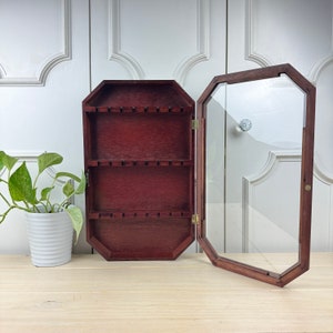 Vintage Wooden Souvenir Spoon Display Cabinet with Glass Door and Teardrop Pull