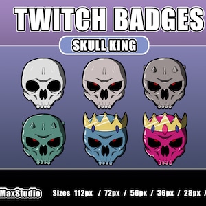 Puede incluir: Seis versiones diferentes de una insignia de Twitch que presenta una calavera con una corona. La insignia está disponible en seis tamaños: 112 px, 72 px, 56 px, 36 px, 28 px y 18 px.
