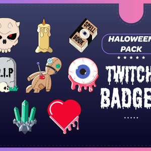 Horror twitch emotes and sub badges pack, Skull, heart, gravestone, crystal, voodoo doll, eyeball, spell book, candle horror emotes bundle