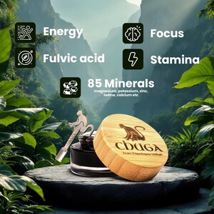 May include: A glass bottle with a black liquid and a bamboo lid with a monkey logo. The bottle is labeled "CHUGA Dove Dimologo Stikele". The bottle is surrounded by green foliage and the text "85 Minerals magnesium, potassium, zinc, iodine, calcium etc" is visible above the bottle.