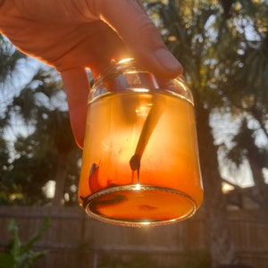 May include: A clear glass jar with a red liquid inside. The jar is being held by a hand and the sun is shining through the liquid, creating a bright orange glow.