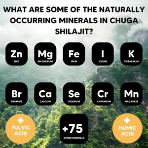 May include: A graphic showing the naturally occurring minerals found in Shilajit, a substance used in traditional medicine. The graphic shows the chemical symbols for zinc, magnesium, iron, iodine, potassium, bromine, calcium, selenium, chromium, and manganese. It also shows the words "Fulvic Acid" and "Humic Acid" and the number "75" with the words "Other Minerals".