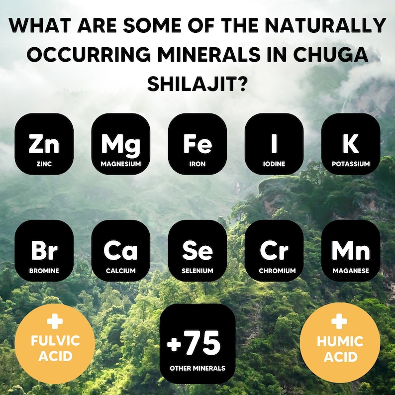May include: A graphic showing the naturally occurring minerals found in Shilajit, a substance used in traditional medicine. The graphic shows the chemical symbols for zinc, magnesium, iron, iodine, potassium, bromine, calcium, selenium, chromium, and manganese. It also shows the words "Fulvic Acid" and "Humic Acid" and the number "75" with the words "Other Minerals".