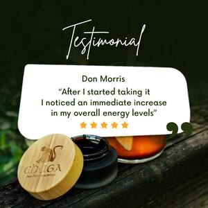 May include: A testimonial from Don Morris about chuGA Pure Pisau Stilaye. He says, "After I started taking it I noticed an immediate increase in my overall energy levels." The testimonial is accompanied by a five-star rating and a photo of a dark brown glass jar with a bamboo lid.