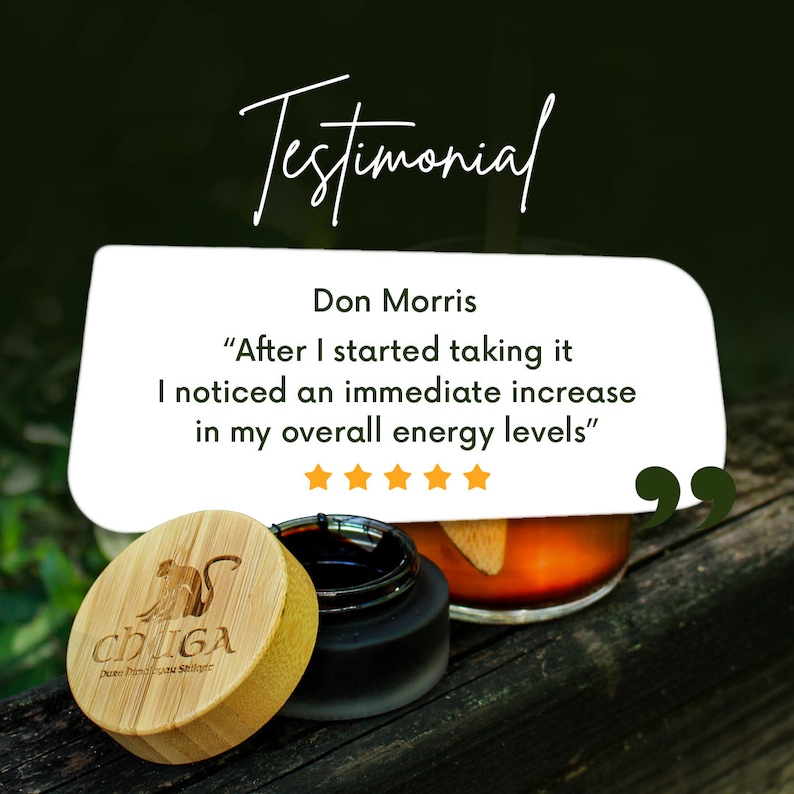 May include: A testimonial from Don Morris about chuGA Pure Pisau Stilaye. He says, "After I started taking it I noticed an immediate increase in my overall energy levels." The testimonial is accompanied by a five-star rating and a photo of a dark brown glass jar with a bamboo lid.