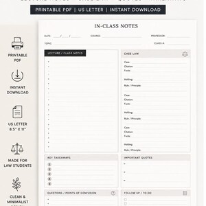 May include: A white law school notes template in US letter 8.5" x 11" size. The document features sections for lecture notes, case law, key takeaways, important quotes, questions, and follow-up tasks. It includes icons for a printer, download, and scales of justice.