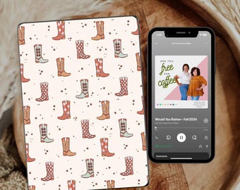 May include: A digital screen displaying a podcast episode titled "Are You Free For Coffee?" with a white background and a pattern of brown and pink cowboy boots with stars. The podcast episode is part of a series called "Would You Rather - Fall 2024".