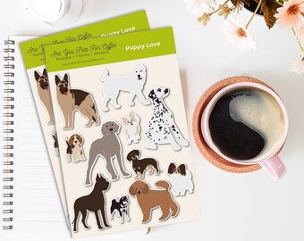 May include: A sheet of stickers featuring various dog breeds in different poses. The stickers are printed on white paper with a green border and the text "Are You Free For Coffee? Podcast + T-Shirts + Stickers" and "Puppy Love".