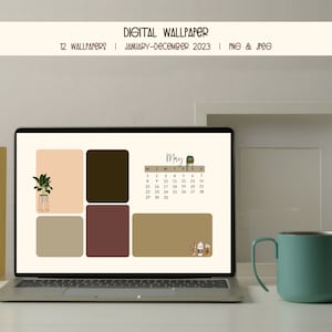 May include: A digital desktop wallpaper featuring a calendar for May 2023 with a brown background and green plant illustrations. The calendar is surrounded by four rectangular sections in various shades of brown, beige, and red.