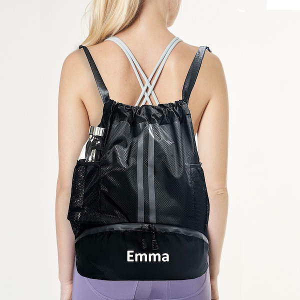 Personalized Drawstring Backpack Gym Bag Custom NAME and LOGO Fitness Workout Sports Duffle Bag Wet and Dry Pocket & Shoes Compartment Black