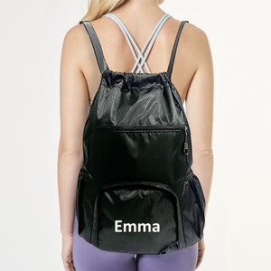 Personalized Drawstring Backpack Gym Bag Custom NAME and LOGO Small Fitness Workout Sports Duffle Bag Multi Pocket & Shoes Compartment Black image 1