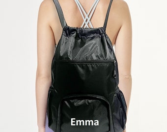Mochila deportiva negra personalizada con cordón: nombre y logotipo personalizados, multibolsillos