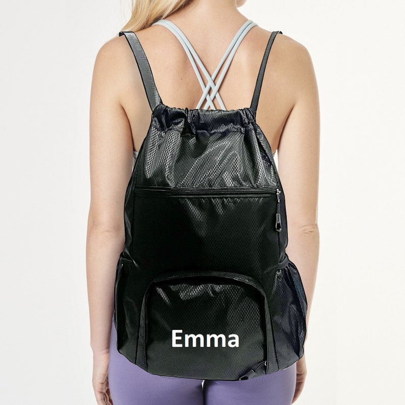 Personalized Drawstring Backpack Gym Bag Custom NAME and LOGO Small Fitness Workout Sports Duffle Bag Multi Pocket & Shoes Compartment Black image 1