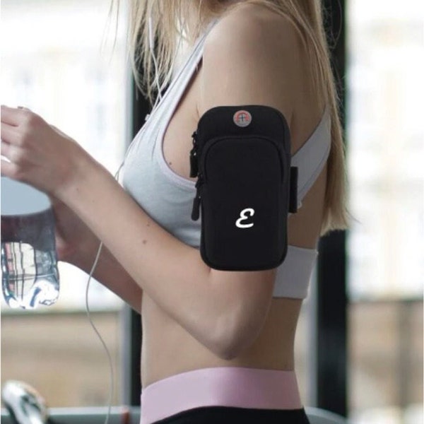 Personalized Phone Holder, NAME and LOGO,  for Running Armband Pouch Key Pocket Bag Phone Arm Band Sleeve Black