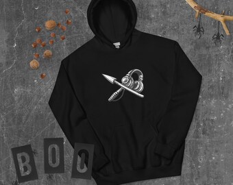 Sudadera unisex con capucha estampada con diseño de flecha y auriculares.