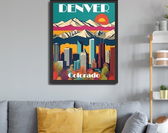 Denver Colorado Skyline Travel Poster, Print, Wall Art, Wall Hanging, Poster, Framed, Download, you choose size