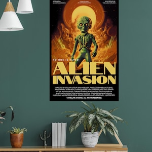 Alien Sci-Fi Retro Movie Inspired Wall Poster Sci-Fi "Alien Invasion" artwork. Perfect for home decor, mancave, Office or dorm room.