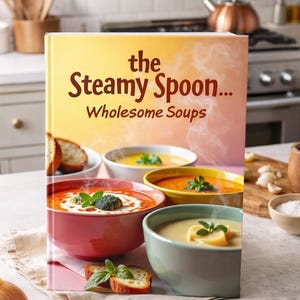 May include: A cookbook titled "the Steamy Spoon... Wholesome Soups" is displayed, showcasing various soup bowls with garnishes and bread slices. The cover has a gradient background. Onions and a cutting board are in the foreground.