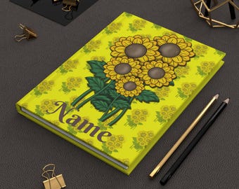 Personalized Sunflower Hardcover Journal, Bright Yellow Writing Lined Notebook, Travel Diary, 150 pgs, 5.75"x8"