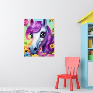 Colorido caballo pony con flores cartel infantil, impresión, arte de la pared, colgante de pared, póster, enmarcado, descargar o elegir tamaño