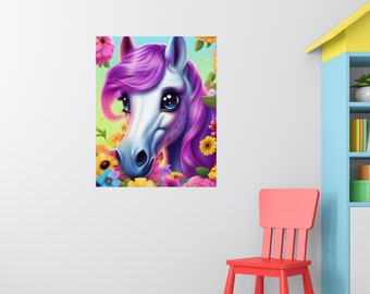 Colorful Pony Horse with Flowers Kid's Child's Poster, Print, Wall Hanging, Poster, choose size