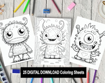 DIGITAL 25 Fun Monster Sheets Kid's Coloring Sheets  - Instant PDF Download - Great for Rainy Day or Homeschool 8 1/2 x 11