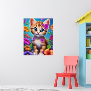Póster infantil de gatito colorido con flores, impresión, arte de pared, tapiz, póster, enmarcado, descarga o elige el tamaño