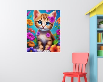 Colorful Kitty Kitten with Flowers Kid's Child's Poster, Print, Wall Art, Poster, choose size