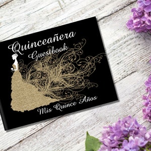 May include: A black guest book with gold glitter accents and a silhouette of a quinceañera in a gown. The text on the cover reads "Quinceañera Guestbook" and "Mis Quince Años".