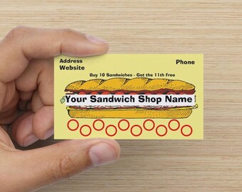 Customize Your Sub Sandwich Shop Restaurant Loyalty Punch Business Cards Personalized with your business info - PRINTED and SHIPPED